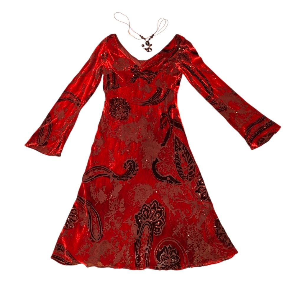 Alex Evenings Vintage Y2K Holiday Crushed Velvet Burnout Long Sleeved Dress 8